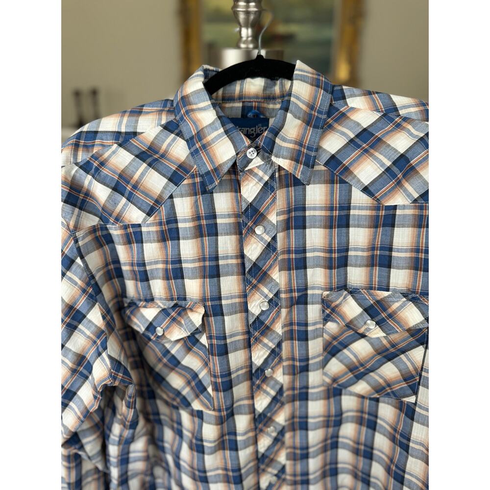 Wrangler Vintage 90s Pearl Snap Western Shirt Blue Orange Plaid L XL